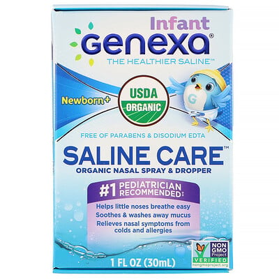 Genexa Солевой раствор для младенцев, органический назальный спрей и пипетка, для новорожденных и более старших детей, 30 мл (1 жидк. унция)
