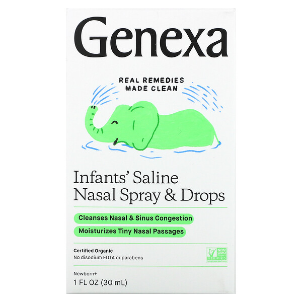 Genexa‏, المحلول الملحي للعناية بالأطفال، بخاخ ونقط أنف عضوية، لحديثي الولادة فما فوق، 1 أوقية سائلة (30 مل)