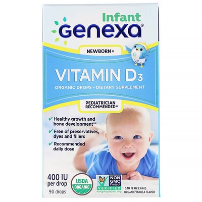 Genexa Витамин D3 для младенцев, для детей с рождения, органический ванильный ароматизатор, 400 МЕ, 3 мл (0.10 жидк. унций)