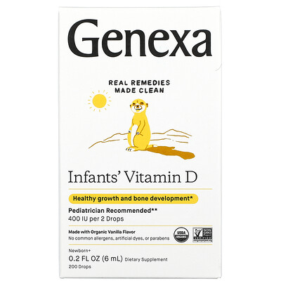 

Genexa, Infants´ Vitamin D, Newborn+, Organic Vanilla, 200 IU, 200 Drops, 0.2 fl oz (6 ml)