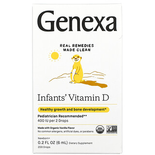Genexa, فيتامين د للرضع، بدءًا من حديثي الولادة، بالفانيليا العضوية، 200 وحدة دولية، 200 قطرة، 0.2 أونصة سائلة (6 مل)