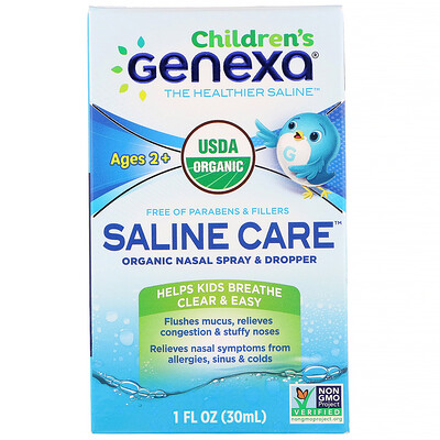 Genexa Children's Saline Care, Organic Nasal Spray & Dropper, Ages 2+, 1 fl oz (30 ml)