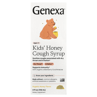 Genexa, Детски меден сироп за кашлица, възраст 1+, органичен мед, 4 течни унции (118 ml)