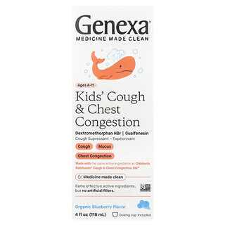 Genexa, 어린이용 기침 및 가슴이 답답한 증상 완화 약, 만 4세 이상, 유기농 블루베리 맛, 118ml(4fl oz)