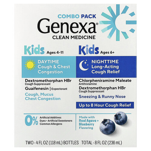 Genexa, Kids' Cough & Chest Congestion Ages 4+, Kids' Nighttime Cough Ages 6+, Organic Blueberry, 2er-Pack, je 118 ml (4 fl. oz..)
