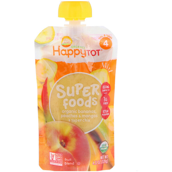 Happy Family Organics‏, HappyTot, מזונות-על עם בננות, אפרסקים, מנגו וסופר צ‘יה, 120 גרם (4.22 אונקיות)