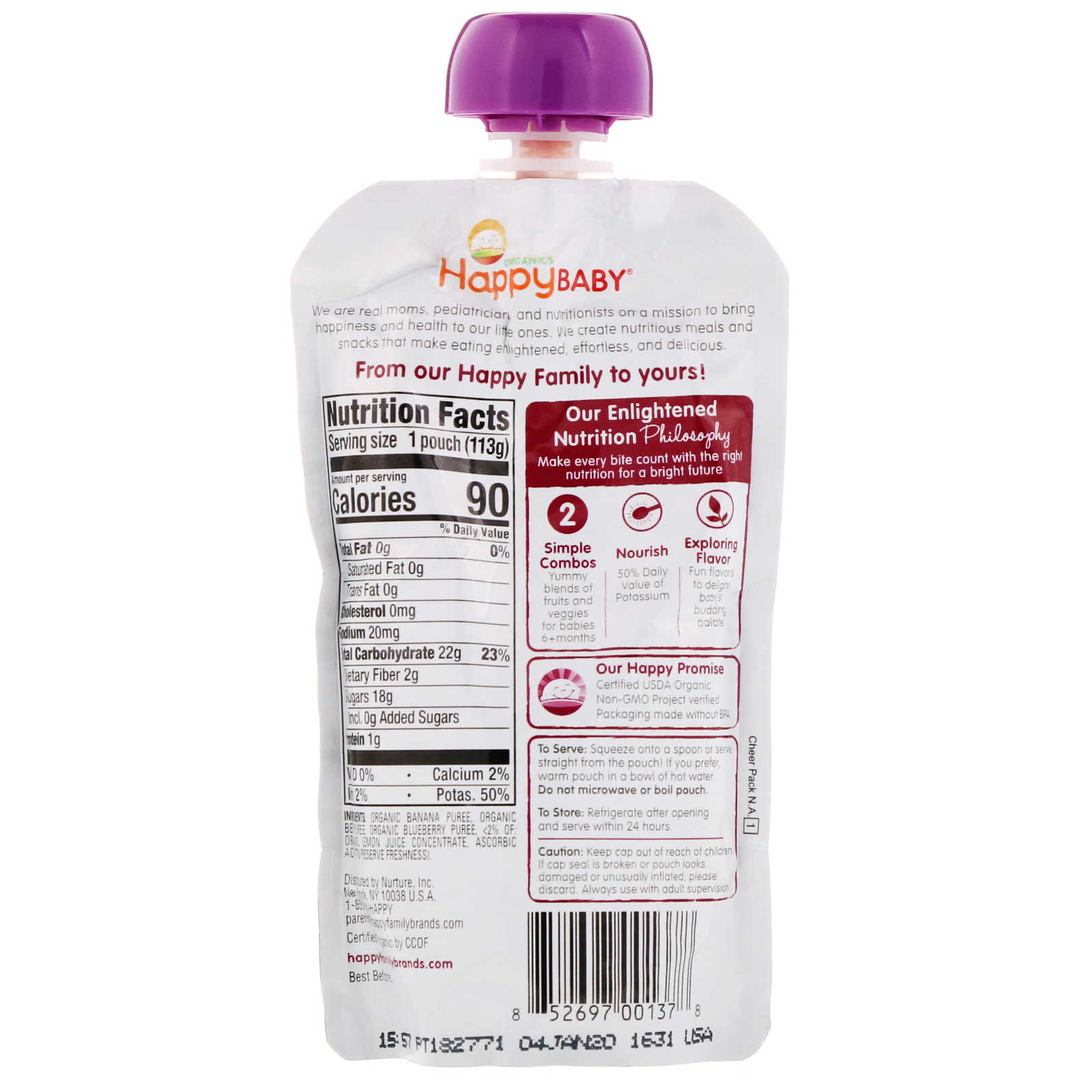 Happy Family Organics, Organic Baby Food, Stage 2, 6+ Months, Banana, Beets & Blueberry, 4 oz