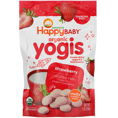 Happy Family Organics Yogis, органические снеки из сублимированного йогурта с фруктами, клубника, 28 г