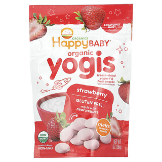 Happy Family Organics, Happy Baby®, Organic Yogis, Yogis orgánicos, Yogur liofilizado y bocadillos de frutas, Bebé que gatea, Fresa, 28 g (1 oz)