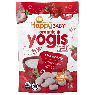 Happy Family Organics, Happy Baby®, Organic Yogis, сублимированные йогуртово-фруктовые снеки, для ползающих малышей, клубника, 28 г