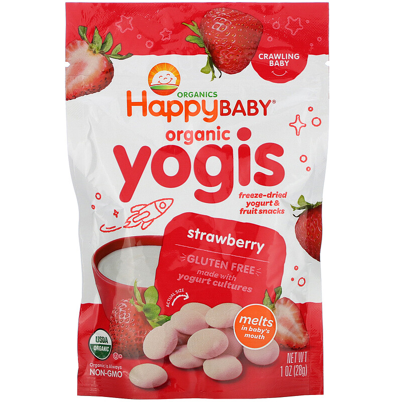Happy Family Organics, Organiske Yogier, Frysetørrede Yoghurt & Frugtsnacks, Jordbær, 1 oz (28 g)