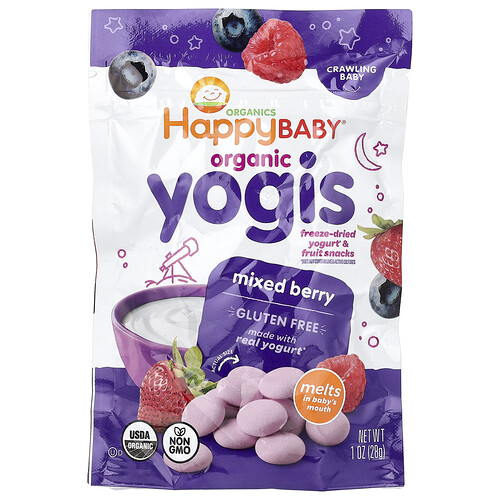 Happy Family Organics, Happy Baby®, Organic Yogis, Freeze Dried Yogurt & Fruit Snacks, Crawling Baby, Mixed Berry, 1 oz (28 g)