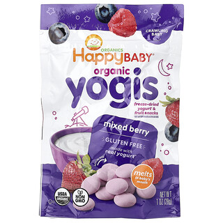 Happy Family Organics, Happy Baby®, Organic Yogis, Freeze Dried Yogurt & Fruit Snacks, Crawling Baby, Mixed Berry, 1 oz (28 g)