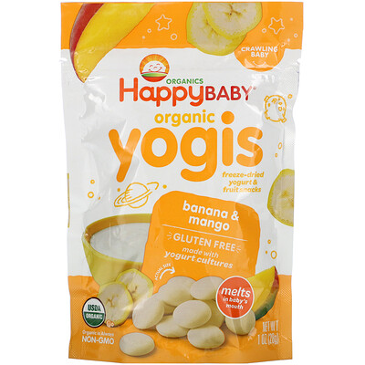 Happy Family Organics Yogis, органические снеки из сублимированного йогурта с фруктами, банан и манго, 28 г