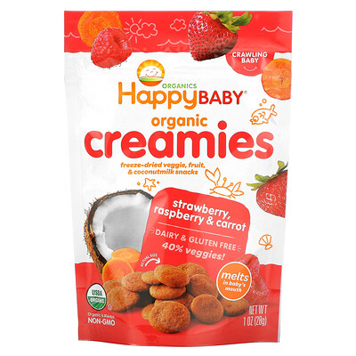 

Happy Family Organics Organic Creamies, снеки из сублимированных овощей, фруктов и кокосового молока, клубника, малина и морковь, 28 г (1 унция)