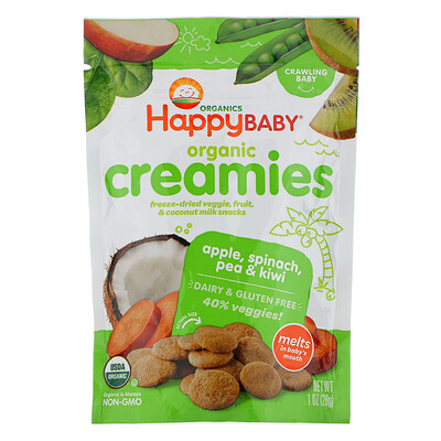 Happy Family Organics Organic Creamies, снеки из сублимированных овощей, фруктов и кокосового молока, яблоко, шпинат, горох и киви, 28 г (1 унция)