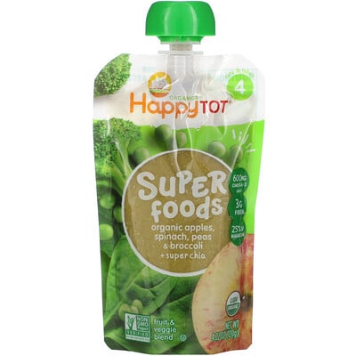 

Happy Family Organics Happy Tot Superfoods Stage 4. Organic Apples Spinach Peas & Broccoli + Super Chia 4.22 oz (120 g)