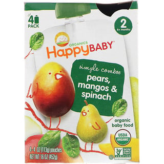 Happy Family Organics, Organic Baby Food, Pears, Mangos & Spinach, Stage 2, 6+ Months, 4 Pack - 4 oz (113 g) Each