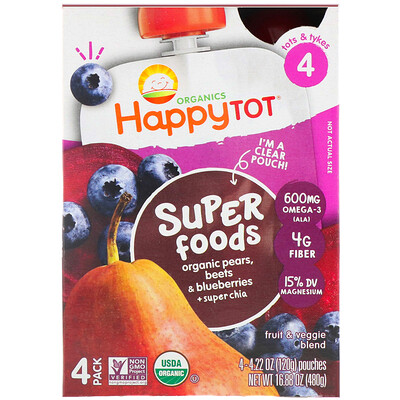 

Happy Family Organics Organic Happy Tot, Super Foods, органические груши, свекла, голубика и суперчиа, этап 4, 4 пакетика, 120 г (4,22 унции)