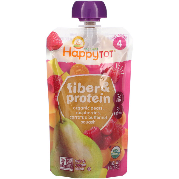 Happy Family Organics‏, Happytot, Fiber & Protein, Stage 4, Organic Pears, Raspberries, Carrots & Butternut Squash, 4 oz (113 g)