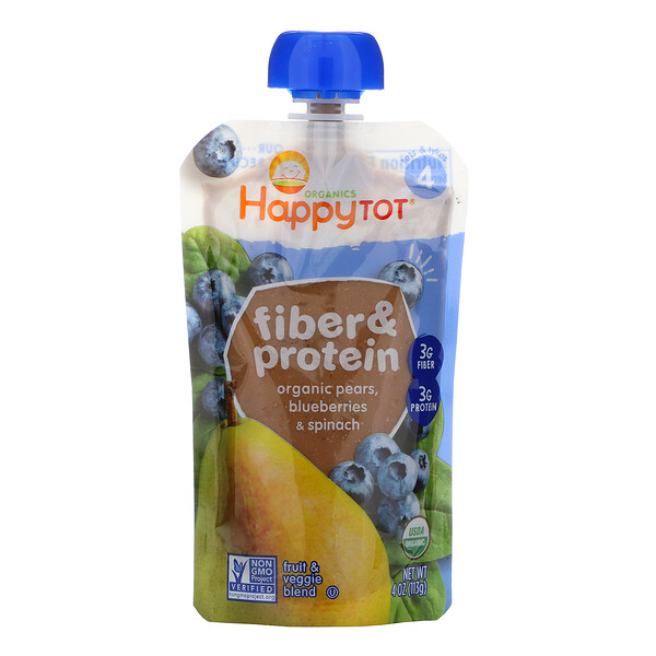 Happy Family Organics‏, Happytot, Fiber & Protein, Organic Pears, Blueberries & Spinach, 4 oz (113 g)