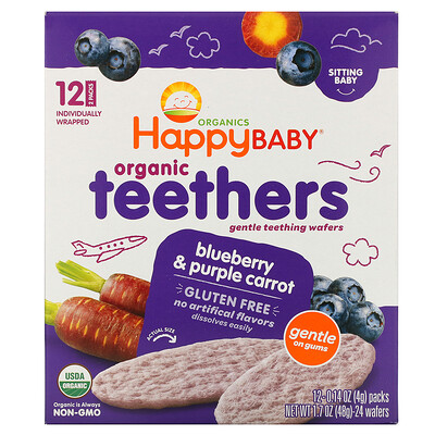 Happy Family Organics Organic Teethers, вафли для мягкого прорезывания зубов у сидящих малышей, голубика и фиолетовая морковь, 12 пакетиков по 4 г (0,14 унции)