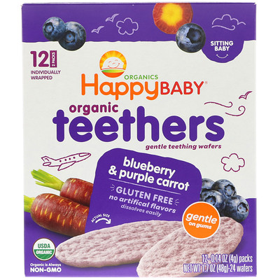 Nurture Inc. (Happy Baby) Organic Teethers, Gentle Teething Wafers, Blueberry & Purple Carrot, 12 Packs, 0.14 oz (4 g) Each