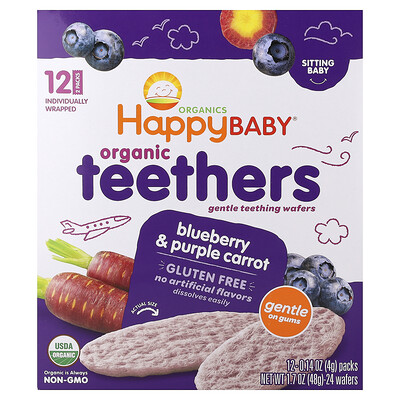 Happy Family Organics, Happy Baby®, Bocadillos orgánicos, Obleas suaves para la dentición, Arándano azul y zanahoria morada, 12 paquetes, 4 g (0,14 oz) cada uno