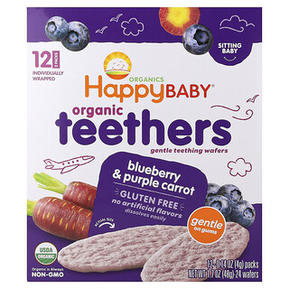 Happy Family Organics, Happy Baby®, Anneaux de dentition biologiques, Biscuits de dentition doux, Myrtille américaine et carotte violette, 12 paquets, 4 g chacun