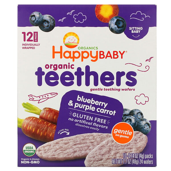 Happy Family Organics, Organic Teethers, вафли для мягкого прорезывания зубов у сидящих малышей, голубика и фиолетовая морковь, 12 пакетиков по 4 г (0,14 унции)