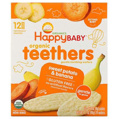 Happy Family Organics Organic Teethers, вафли для мягкого прорезывания зубов у сидящих малышей, батат и банан, 12 пакетиков по 4 г (0,14 унции)