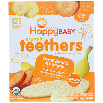 Organic Teethers, вафли для мягкого прорезывания зубов у сидящих малышей, батат и банан, 12 пакетиков по 4 г (0,14 унции)
