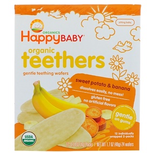 Купить Nurture Inc. (Happy Baby), Органические прорезыватели, мягкие вафли для прорезывания зубов, сладкий картофель и банан, 12 упаковок, 0,14 унц. (4 г) каждый  на IHerb