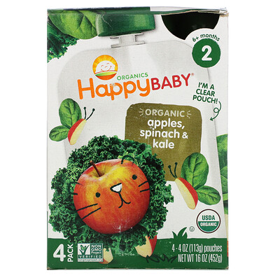 Happy Family Organics Happy Baby, Organics, Stage 2, 6+ Months, Apples, Spinach & Kale, 4 Pouches, 4 oz (113 g) Each