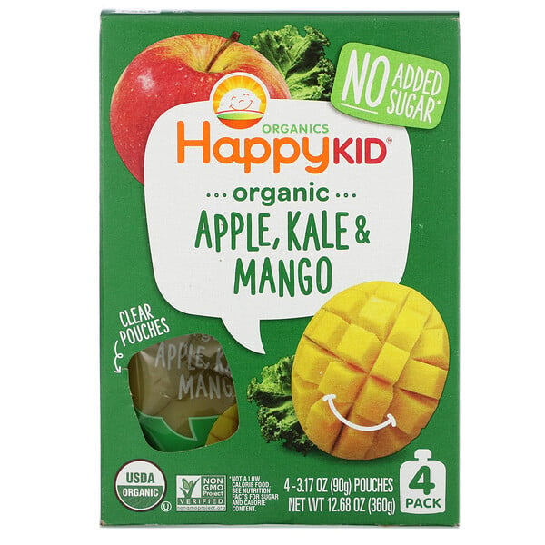 Happy Family Organics, Happy Kid, органическое яблоко, капуста и манго, 4 пакетика по 90 г (3,17 унции)