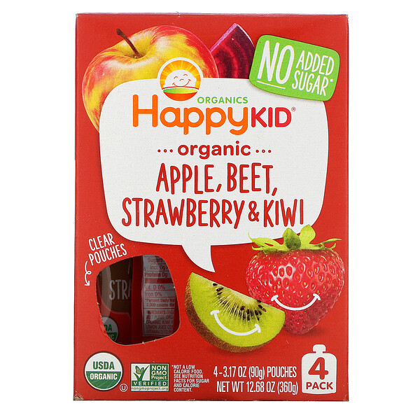 Happy Kid, Organic Apple, Beet, Strawberry & Kiwi, 4 Pouches, 3.17 oz (90 g) Each