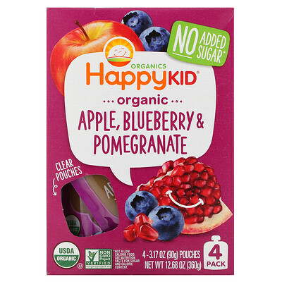 Happy Family Organics Happy Kid, Organic Apple, Blueberry & Pomegranate, 4 Pouches, 3.17 oz (90 g) Each