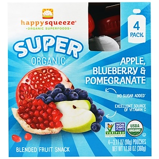 Happy Family Organics, "Счастливая выжимка", супер-органическое пюре с яблоком, черникой и гранатом, 4 пакета, 3,17 унций (90 г)