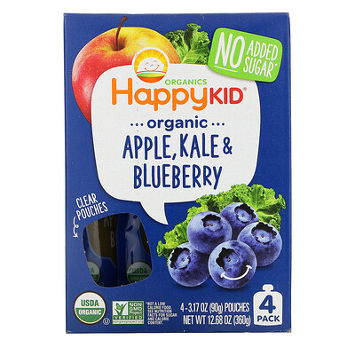 Happy Family Organics Happy Kid, Organic Apple, Kale, & Blueberry, 4 Pouches, 3.17 oz (90 g) Each