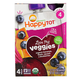 Happy Family Organics, Happy Tot, Stage 4, Love My Veggies, органические бананы, свекла, тыква и голубика, 4 пакетика по 120 г (4,22 унции)