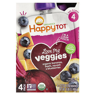 Happy Family Organics, Happy Tot®, Amo mis vegetales, Etapa 4, Plátanos, remolacha, calabaza y arándanos azules orgánicos, 4 bolsas, 120 g (4,22 oz) cada una