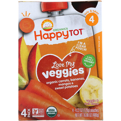 Happy Family Organics Обожаю свои овощи из серии "Счастливый карапуз", органическая фруктово-овощная смесь c морковью, бананом, манго и бататом, 4 пакета по 4,22 унции (120 г)