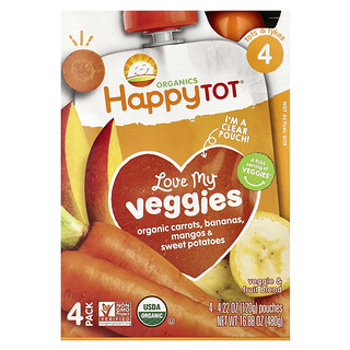 هابي بيبي‏, Happy Tot® ، Love My Veggies ، المرحلة 4 ، جزر عضوي ، موز ، مانجو وبطاطا ، 4 أكياس ، 4.22 أونصة (120 جم) لكل كيس
