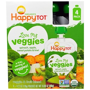 Nurture Inc. (Happy Baby), Organics Happy Tot, Love My Veggies, Spinach, Apples, Sweet Potatoes & Kiwi, 4 Pouches - 4.22 oz (120 g) Each