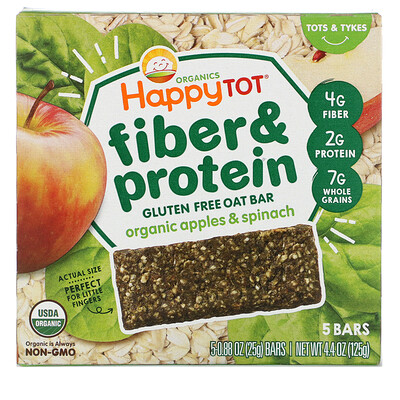 Happy Family Organics Happytot, овсяной батончик с волокнами и протеином, органические яблоки и шпинат, 5 батончиков, 0,88 унции (25 г каждый)