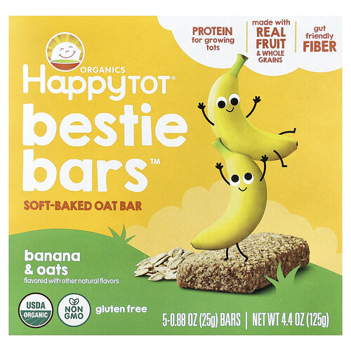 Happy Family Organics, Happy Tot®, Bestie Bars™, Barrita de avena blanda horneada, Plátano y avena, 5 barritas, 25 g (0,88 oz) cada una