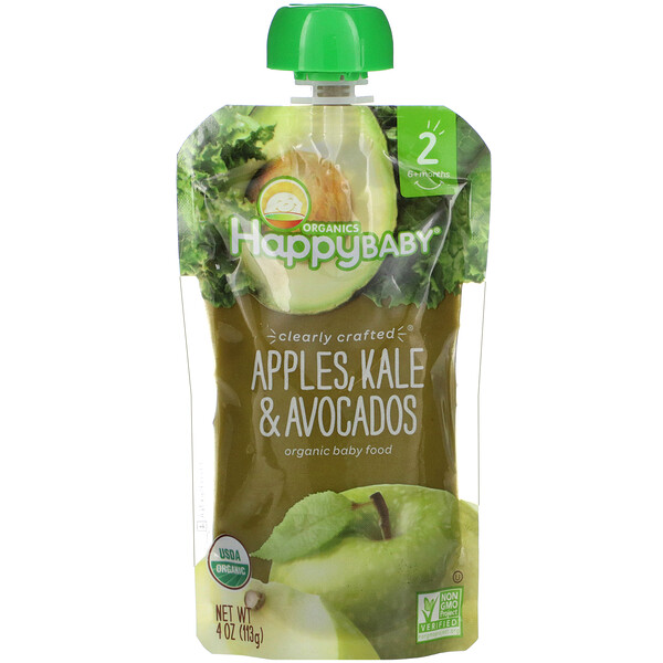 Happy Family Organics, органическое детское питание, этап 2, для детей старше 6 месяцев, яблоко, листовая капуста и авокадо, 113 г (4 унции)