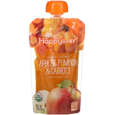 Happy Family Organics Organic Baby Food, Stage 2, Clearly Crafted, 6+ Months Apples, Pumpkin & Carrots, 4 oz (113 g)