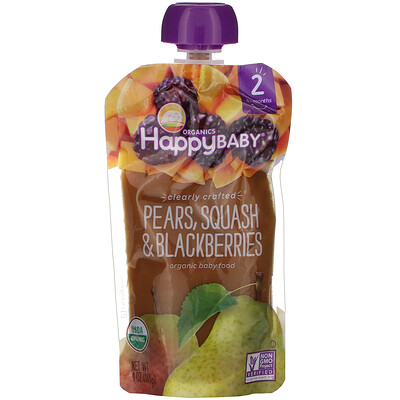 Happy Family Organics Organic Baby Food, Stage 2, Clearly Crafted, 6+ Months, Pears, Squash & Blackberries, 4 oz (113 g)