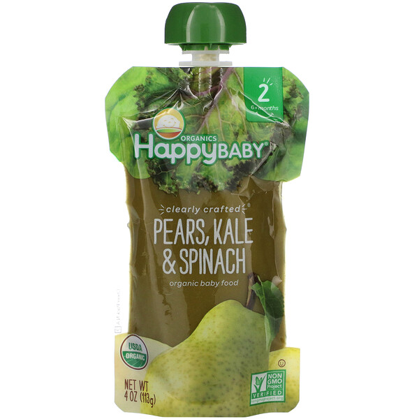 Happy Family Organics‏, Organic Baby Food, Stage 2, Clearly Crafted, Pears, Kale & Spinach, 6+ Months, 4 oz (113 g)